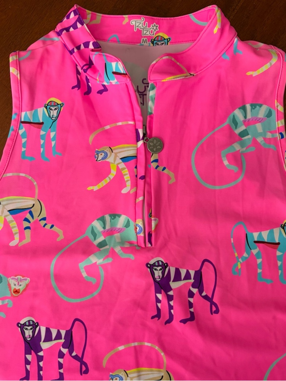Tzu Tzu Neon Pink Monkey‎ Print Sleeveless Quarter Zip Golf Tank Top
